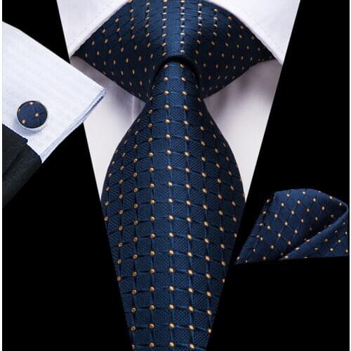 Hi-Tie Mens Gift Tie Navy Blue Gold Dot Silk Wedding Tie For Men Hanky Cufflink Set Business Party Dropshipping Fashion Designer