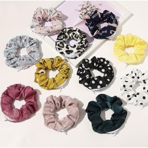 2020 New Year Novelty Designs Zipper Scrunchies Women Creative Velvet Hair bands Brand Quality Pocket With Zip Scrunches