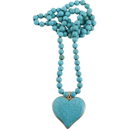RH Fashion Bohemian Jewelry Accessory 8mm Blue Stones Knotted With Stone Heart Pendant Necklaces For Women Boho Necklace