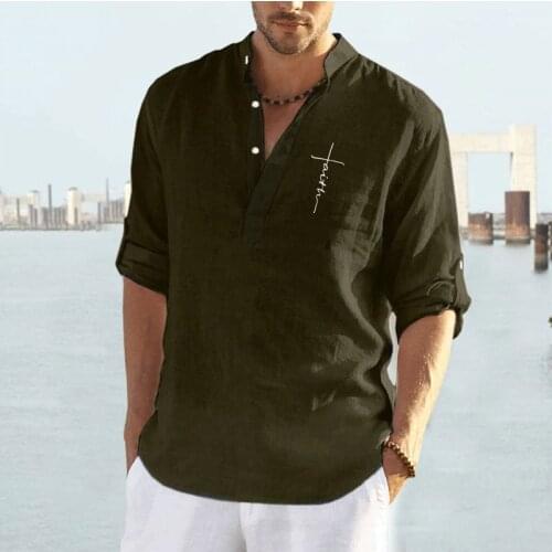 Spring Summer New Mens Casual Solid Color Pullable Sleeve Long-sleeved Shirt Loose Stand-up Collar Embroidered Button T-shirt