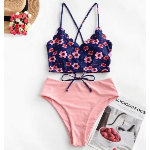 Two Pieces Swimsuit Women Lace Up Floral Print Bandage Bikini Set Biquini 2020 High Waist Thong Swimwear Maillot De Bain Femme