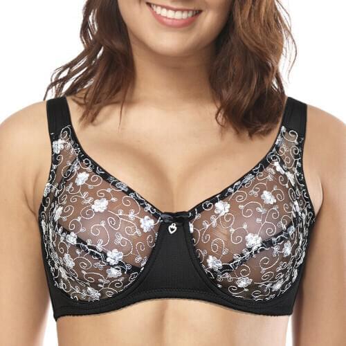 Vgplay Sexy Women Bra Embroidery Floral Hollow Mesh Bra For Women Thin Big Cup Underwire Fashion Underwear