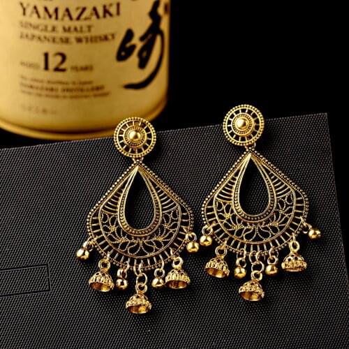 Antique Bollywood Oxidized Indian Jhumka Earring Boho Bells Tassel Hollow Flower Carved Dangle Earrings For Women Gypsy Jewelry