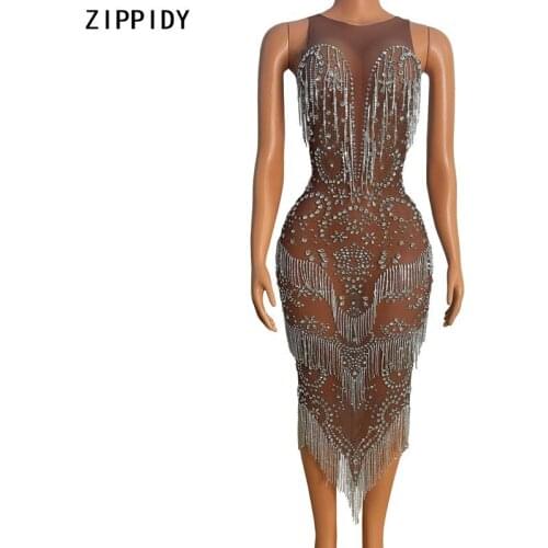 Bling Silver Stones Fringe Mesh Dress Evening Birthday Celebrate Transparent Outfit Female Singer Party Show Dress