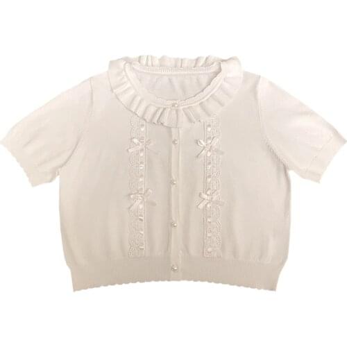 Summer Cropped Sweaters Women Cute Lace Cardigan Girls Kawaii Korean Fashion Knitted Tops Japanese White Short Sleeve Pullover