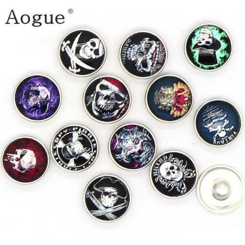 Factory Fashion 12pcs High Quality 18mm Mixed Vintage Skull Glass Metal Snaps buttons DIY Snap Charms Jewelry Bracelet&Bangle