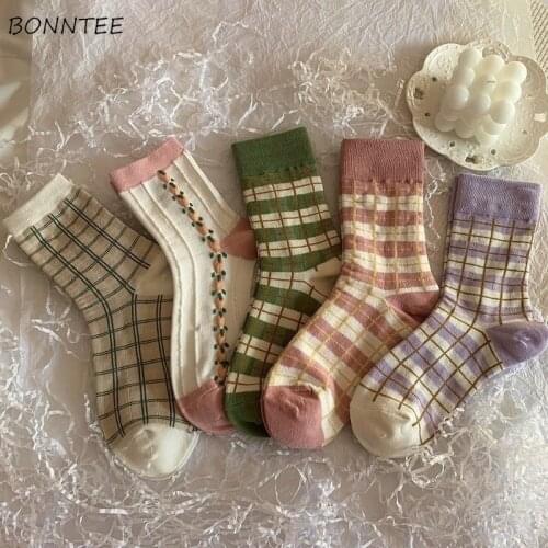Socks Women Kawaii 2021 Plaid Simple All-match Design Daily Ulzzang Female Chic Spring Middle Tube Friends 4pcs Casual Harajuku