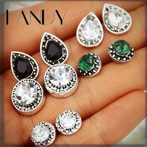 IF ME Vintage Stud Earring Set for Women Bohemian Retro Black Round Cubic Zirconia Crystal Brincos 5 pairs/set Brinco Jewelry