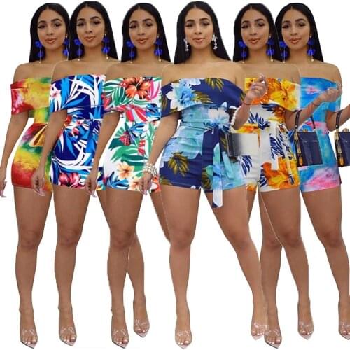 Boho One Shoulder Playsuit Women Casual Summer Romper Jumpsuit 2020 Floral Print Beach Fashion Outfit Waist Lace Up Overalls