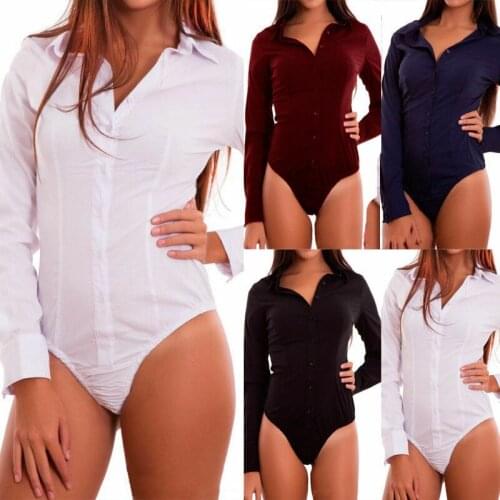 Women Plain V Neck Mini Jumpsuit Shirt Bodysuit Romper Long Sleeve Top Playsuit_