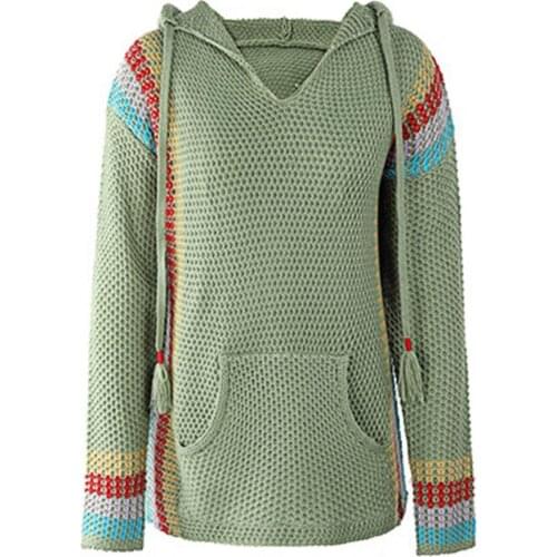 Women Pullover Sweater Autumn Casual V-Neck Long Sleeve Women Knitted Top Patchwork Hooded Pocket Pullover Sweater Streetwear