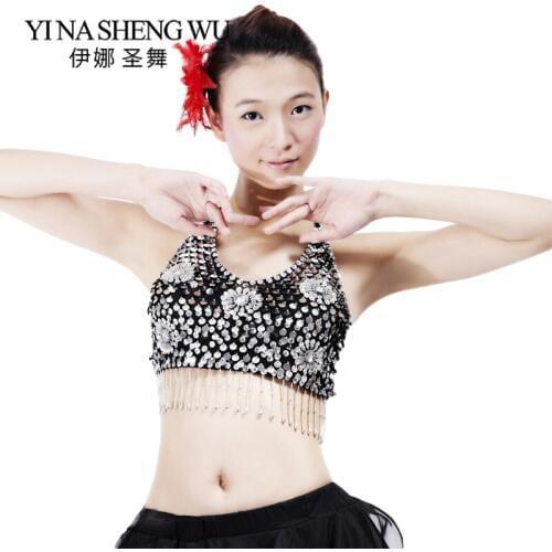 Sexy Women Belly Dance Top Beaded Bra 5 Flowers Dance Top With Sequins Tassels Belly Dancing Costume Indian Dance Practice Tops