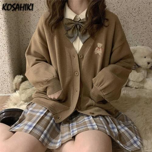 KOSAHIKI Women Sweater Vintage Y2k Loose Knitted Cardigan Bear Embroidery Jumper 2021 Japan Korean V-neck Casual Coat Jackets