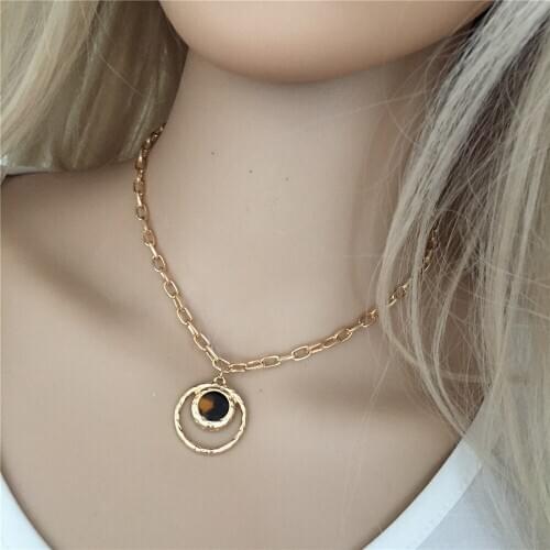 Classic Gold Color Plating Marble Round Stone Decorated in Circle Pendant Necklace For Women Casual Party Daily Office Jewelry