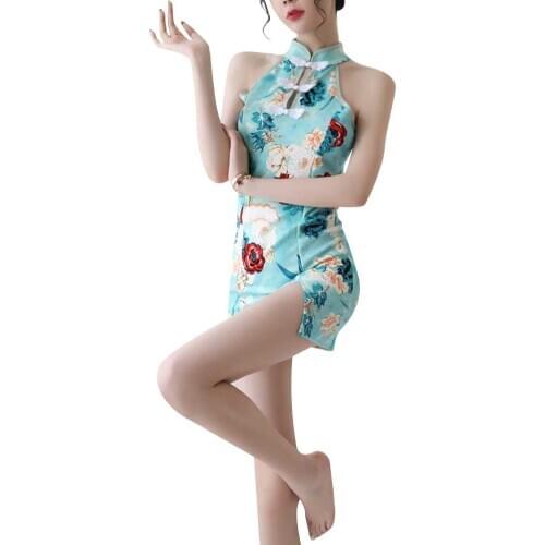 Women Sexy Mini Qipao Dress Blue Peony Floral Print Short Cheongsam Vintage Frog Button Halter Neck Backless Chinese Dress