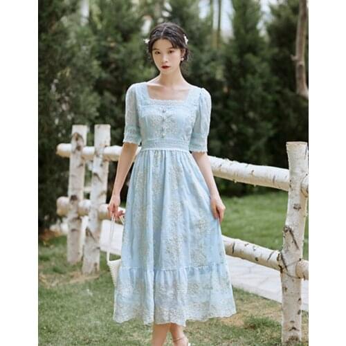 2021 Summer Autumn New Vestidos Women Sexy Royal Elegant Office Vintage French Embrodery Chiffon Lace Maxi Long Party Dress S-XL