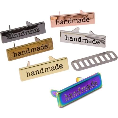 10Pcs Color Rectangle Metal Handmade Garment Labels Tags For Clothing Bags Rose Gold Hand Made Letter Sewing Labels