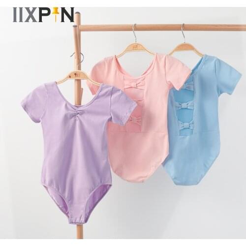 Cheap Cotton Short Sleeve Bowknot Mesh Back Kids Teens Girls Ballet Dance Dress Gymnastics Leotards