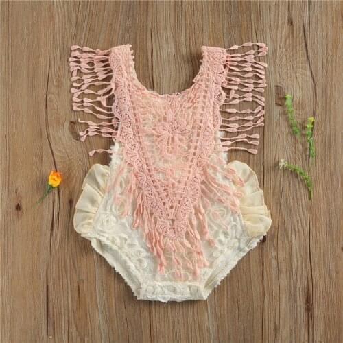 0-24M Newborn Sleeveless Romper Lace Crochet Decoration Bottom Button Ruffle Summer Jumpsuits For Baby Girls