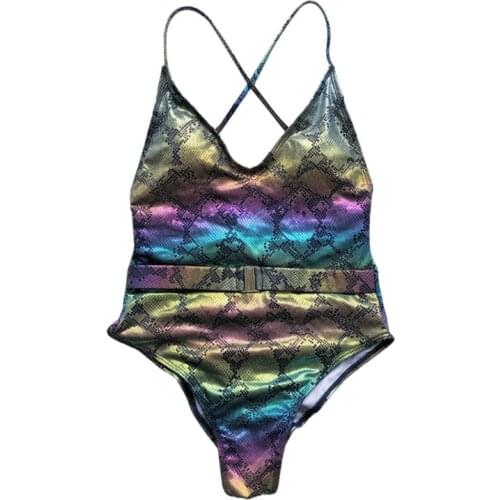 Women Sexy Bikini V-Neck Backless Bandage Swimsuit Ribbed Snakeskin Beachwear U7EF