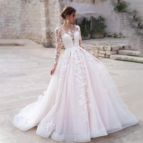 Fantastic Women Long Sleeves Wedding Dress With Lace Appliques Buttons Back Pleated Custom Garden Fashion Bridal Gowns Vestidos