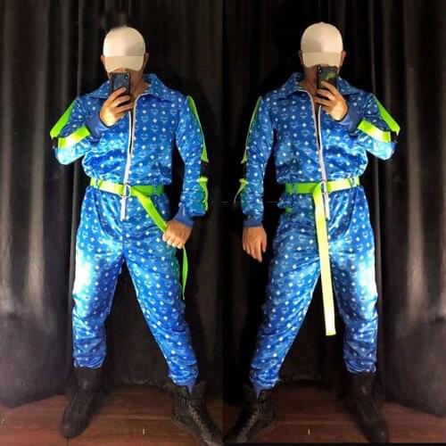 Fluorescent Ribbon Tooling Costume Men Stage Jumpsuit Male Singer Performance Clothing Rave Outfits Pole Dance Gogo Wear XS2318