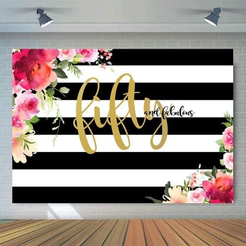 Mehofoto Fifty and Fabulous Backdrop Flower Stripes 50th Birthday Photography Background Vinyl Women 50th Birthday Party Banner