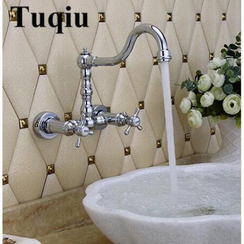 Chrome bathroom wall mounted lavatory faucet double handle Hot and Cold bathroom sink faucet mixer faucet