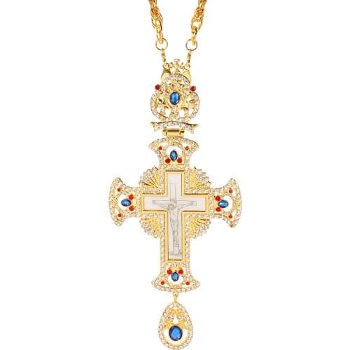 Ornate Orthodox Crucifix Cross Jesus Pendant Necklace Long Bling Gold Chain Religious Christian Necklaces Men Priest Charms