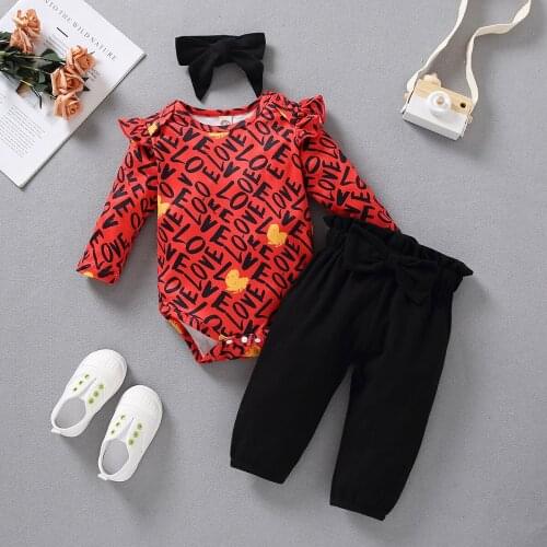3Pcs Newborn Baby Toddler Girl Spring Long Sleeve Outfit Love Romper + Bow Pants Baby Girls Clothes Set