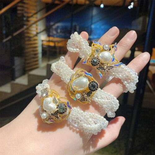 Korean Pearl Bee Heart Elastic Hair Bands Hair Rope Girl Super Fairy Simple Rhinestone Star Headdress Hair Tie Hair Accessories