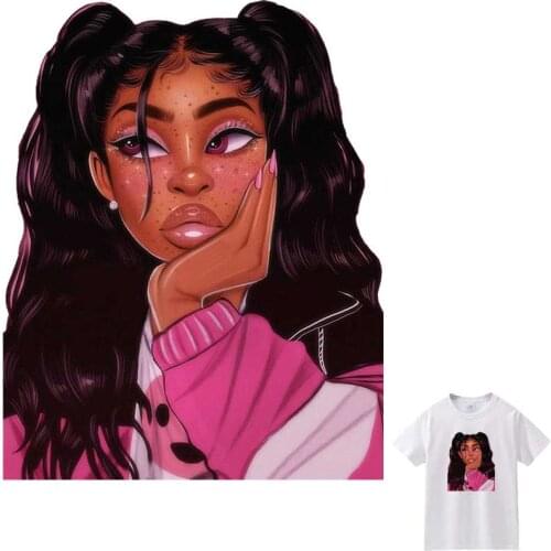 Beautiful Black Girl Iron-On Transfer For Clothing Washable Womens T-Shirts Thermo Adhesive Patches Personality Clothes Sticker