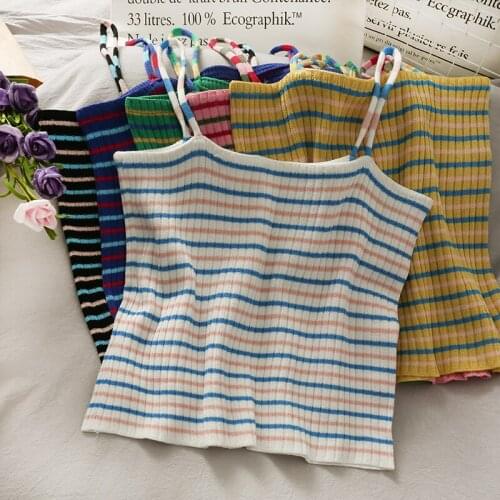 Crop Top Women Camis Camisole 2021 Summer Sexy Sleeveless Slim Rainbow Striped TShirts Spaghetti Strap Sweet Tanks For Female