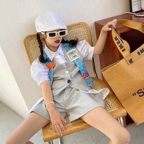 Girl Fashion Personality Tie British Suit Summer New Medium and Big Childrens Suit Vest Shorts Two-piece Suit Girl Clothes