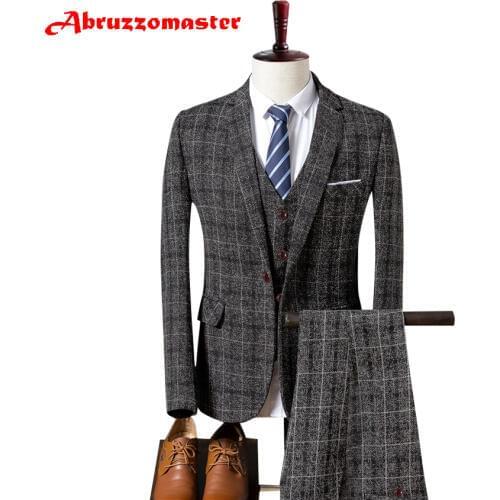 Black Plaid Suit Suit Jacket as Groom Tuxedos Check Groomsman Suit Custom Made Man Suit Tweed Man Clothes (Jacket+pants+vest)