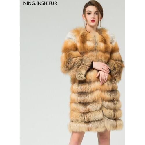 Real Fox Fur Red Fox Long Ladies Striped Jacket Winter Warm Fox Fur Coat Removable Sleeve