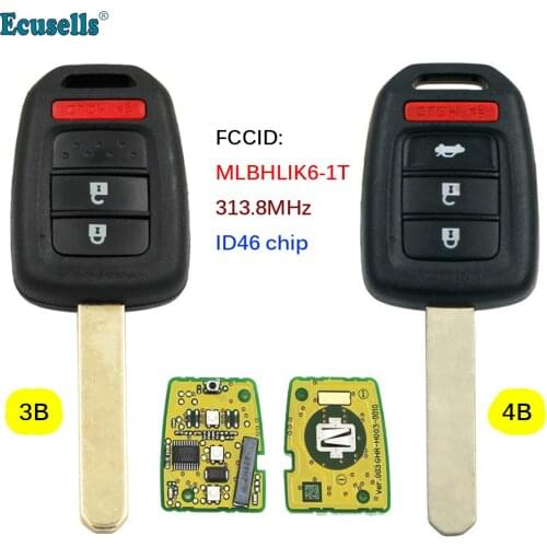 New Remote Key Fob 2+1/3+1 Buttons 313.8mhz ID46 Chip for Honda Civic Accord CR-V 2013-2015 FCCID:MLBHLIK6-1T