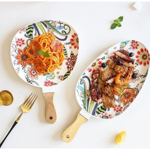 Nordic Dinner Plates Ceramic Dish Steak Salad Tray with Wooden Handle Christmas Steak Plates Home Decor Oval Dishes Drop Ship
