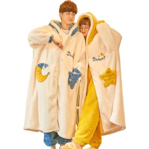 Couple Japanese Coral Cashmere Pajamas Womens Winter Mens Thickened Cashmere Long Nightgown Two Piece Home Suit Robes women