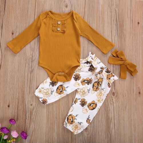 Pudcoco Newborn Baby Girl Clothes Autumn Solid-Color Long-Sleeves Rompers Tops Floral Prints Tie-Waist Pants Headband 3Pcs Set