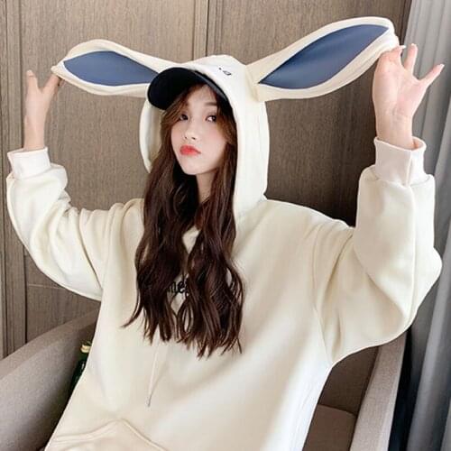 Pullover Kangaroo Pocket Tops Sweatshirt Sweet Cute Preppy Style Rabbit Ears Plus Velvet Thick Hoodies Women Loose Long Sleeve