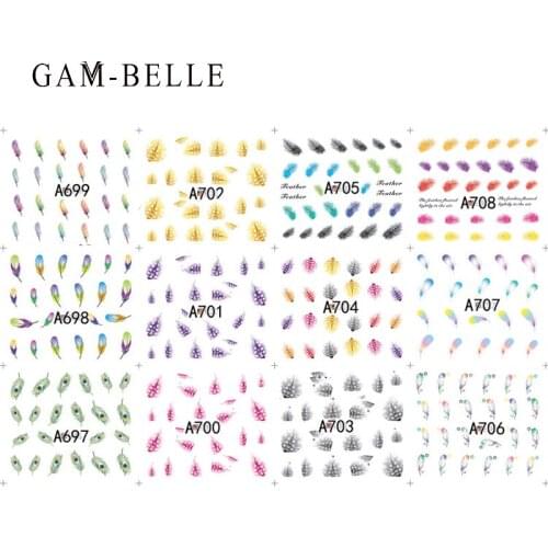 GAM-BELLE 12 Pcs/Set Mixed Color Feather Nail Sticker Water Transfer Nail Art Decorations Gel Wraps Decals Tattoo Manicure Decor