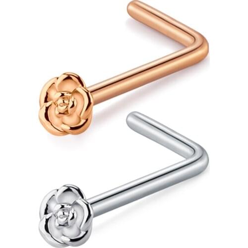 20G Nose Rings Studs Surgical Steel Nostril Piercing Jewelry L Shaped Screw Opal CZ Tragus Helix Cartilage Earrings Flat Flower