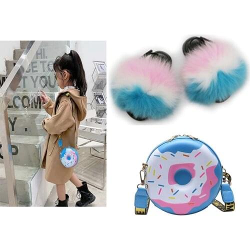 Children Fluffy Fur Slides Set Kids Fur Slippers Girl Donut Shoulder Bag Coin Purse Plush Raccoon Sandals Child Shoe Bag Set