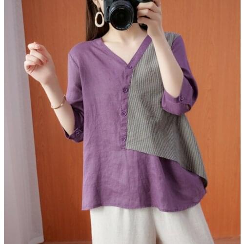 Women Summer Cotton Linen Casual T-shirts New Arrival 2021 Vintage Style V-neck Patchwork Striped Loose Female Tops Tees B140