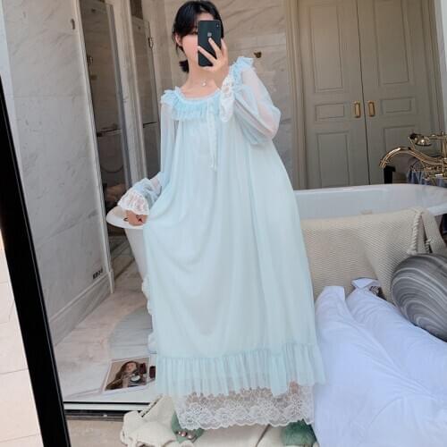 Women Sleepwear Princess Lace Sleeping Skirt Female Long Sleeve Lace French Court Modal Retro Long Nightgown Elegant Romantic