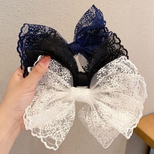 2021 White Black Lace Bowknot Elastic Hair Band Tie Handmade Large Bow Hair Clips Barrettes For Women Girls Hair Accessories