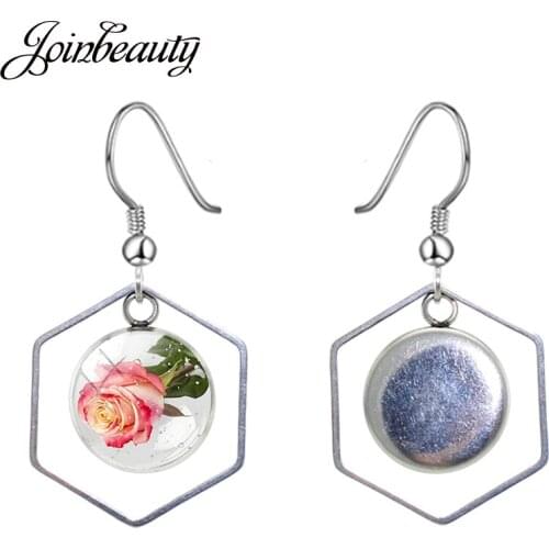 JOINBEAUTY Pink White Rose Flower Simple Photo Hollow Out Pendant Earrings Round Glass Dome Dangle Earrings 2020 Jewelry FQ262