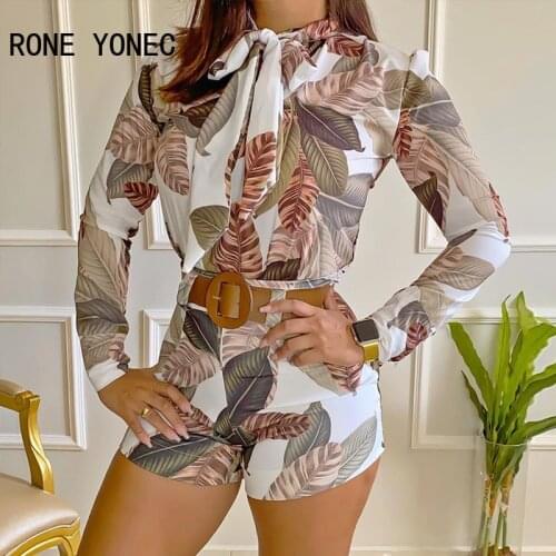 Women Two Piec Set Tropical Print Tie Neck Long Sleeve Top & Shorts Set