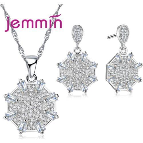 925 Sterling Silver Geometric Jewelry Sets For Lady Brand Women CZ Crystal Pendant Necklace Drop Earrings Set For Party
